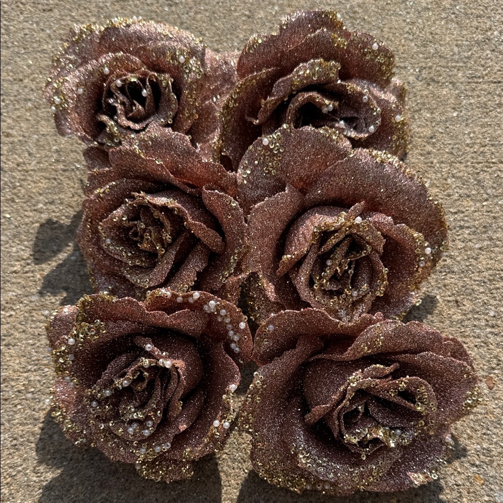 Glittery Pink Rose Clips - Set of 6